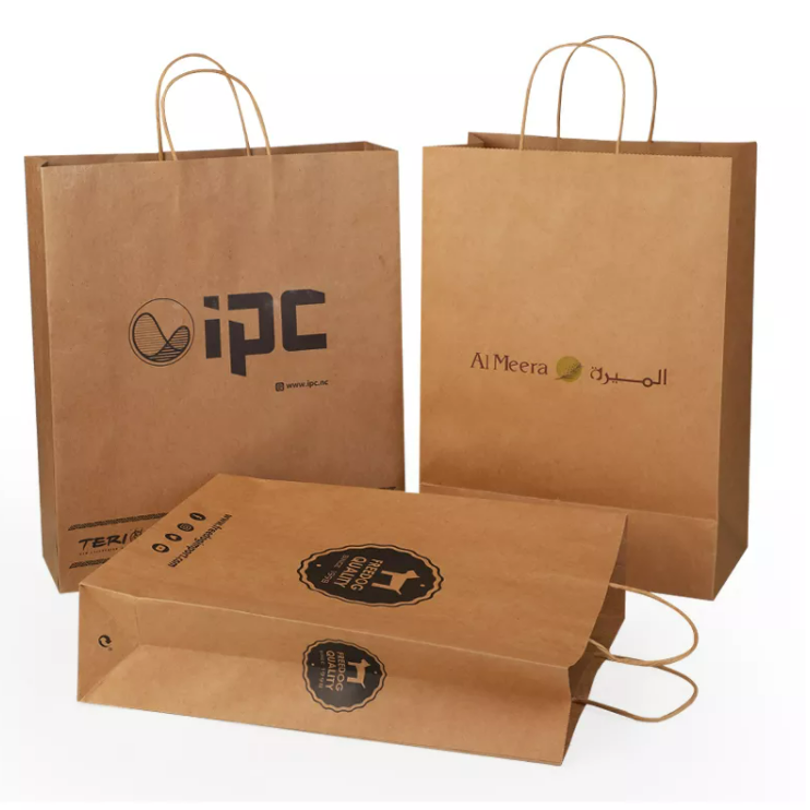 Sac en papier kraft marron recyclable avec logo personnalisé en gros avec poignée plate torsadée